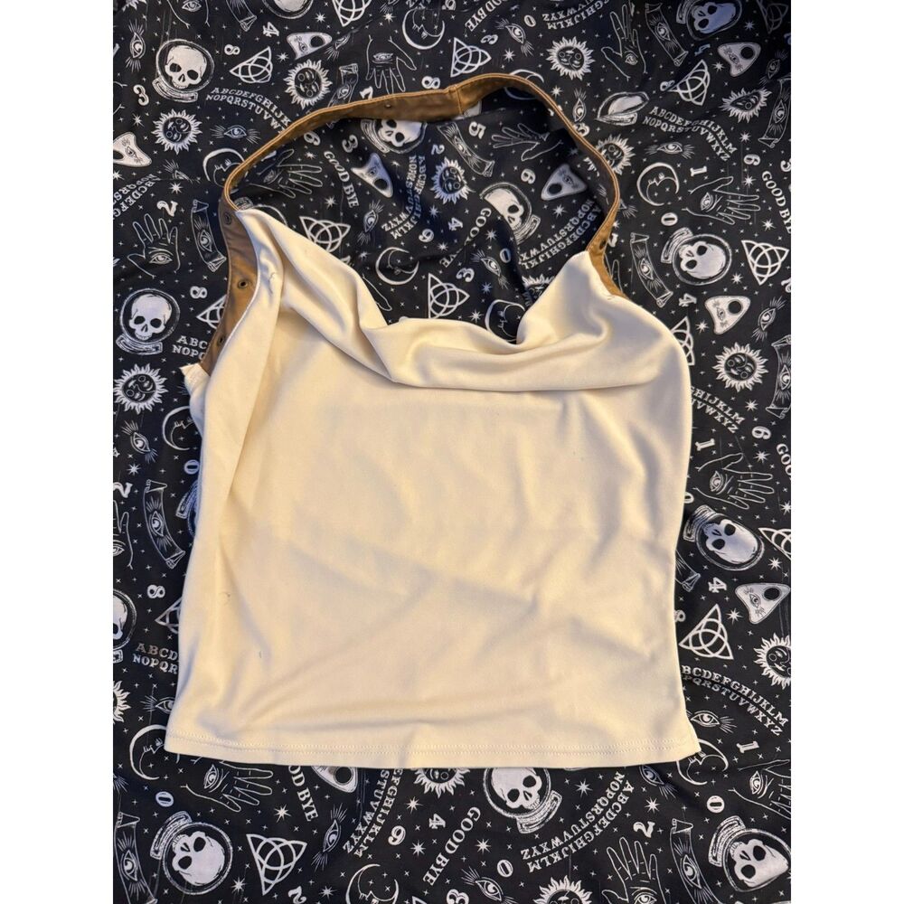 Cream Halter Top Brown Hardware Strap Cowl Neck